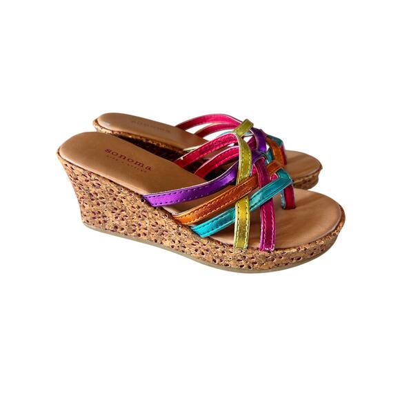 Sonoma Girls Strappy Cork‎ Wedge Sandals Shoes Rainbow Colorful Multicolor SZ 13 - Picture 1 of 11